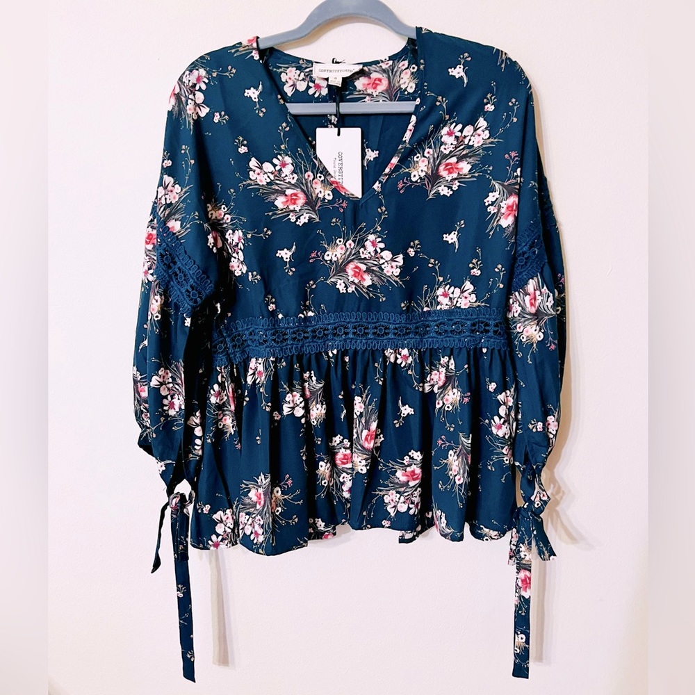 NWT Dark Teal Floral Blouse Size S Bella Ella Boutique